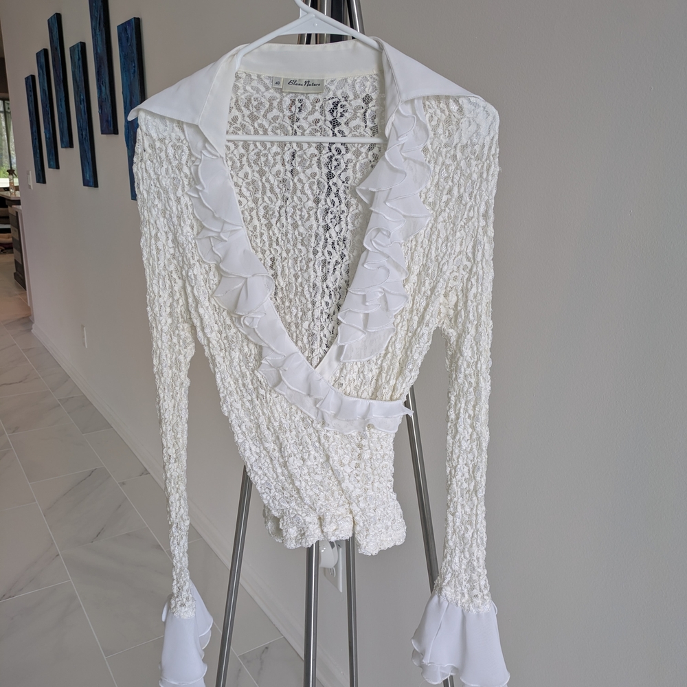 Elegant White Blouse with Bishop Sleeves and Ruffled Wrap Design